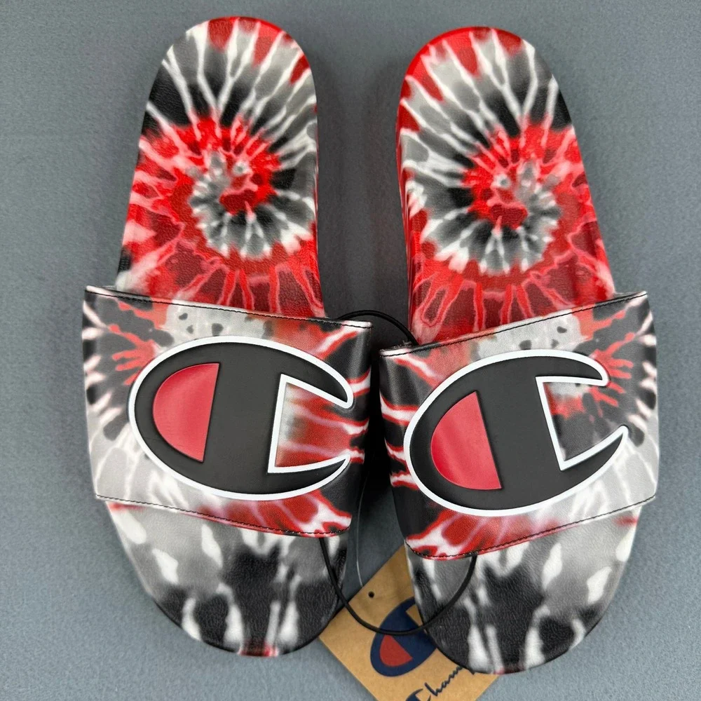 Champion IPO Tie Dye Slides Mens 14 Red Black White C Logo Sandals CP101344M